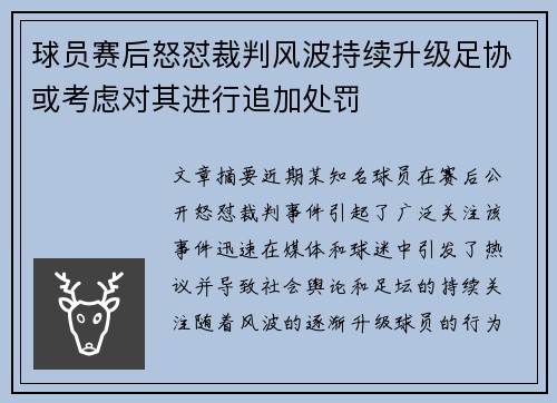 球员赛后怒怼裁判风波持续升级足协或考虑对其进行追加处罚